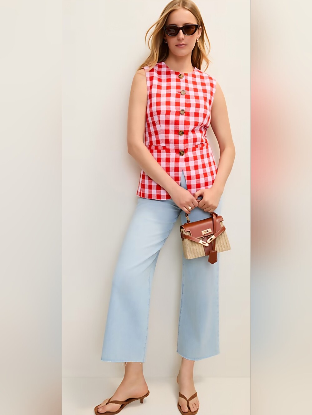 Ann Taylor Gingham Long Crew Neck Vest